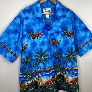KY’S Vintage Hawaiian Button Down Shirt SZ XL Retro Classic Car Vacation  Cruise